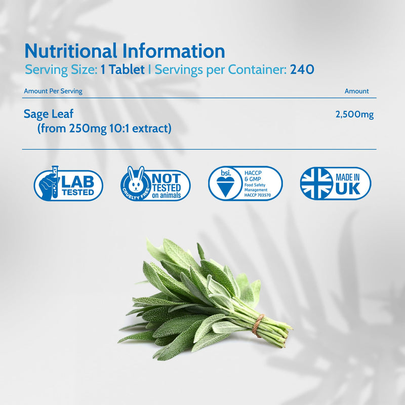Health4All Sage Leaf 2500mg 240 Tablets 8 Months Supply, Essential Salvia Officinalis Water Extract for Menopause Support, High Strength Menopause Supplement One-a-Day Tablets | Made in UK