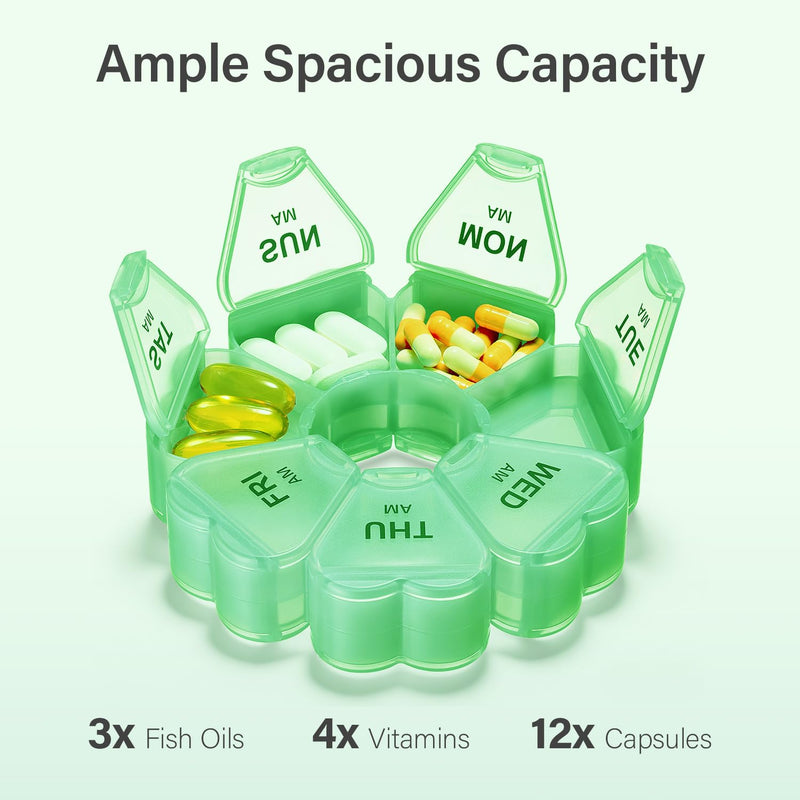 7 Day AM/PM Pill Organizer, Large Weekly Pill Box for 2 Times Daily, Green | BPA-Free Travel & Family Big Capacity Pill Case, For Vitamins, Medicine, Fish Oil & Supplements