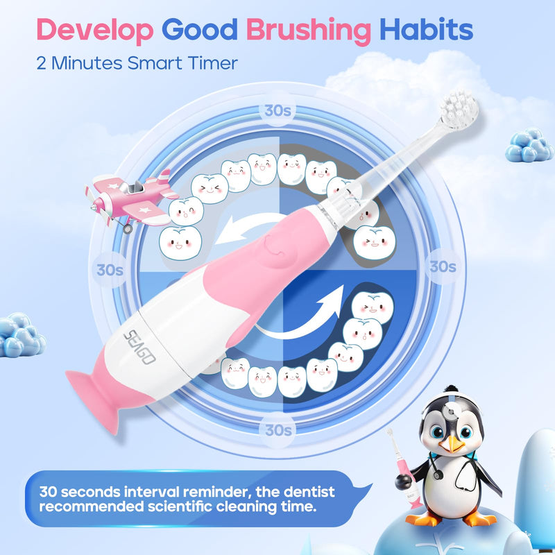 SEAGO Toddler Electric Toothbrushes for Baby Ages 0-3 Years, Baby Toothbrush with Smart Timer and Suction Base, 4 Replacement Brush Heads SG-513(Pink-C) Pink-c
