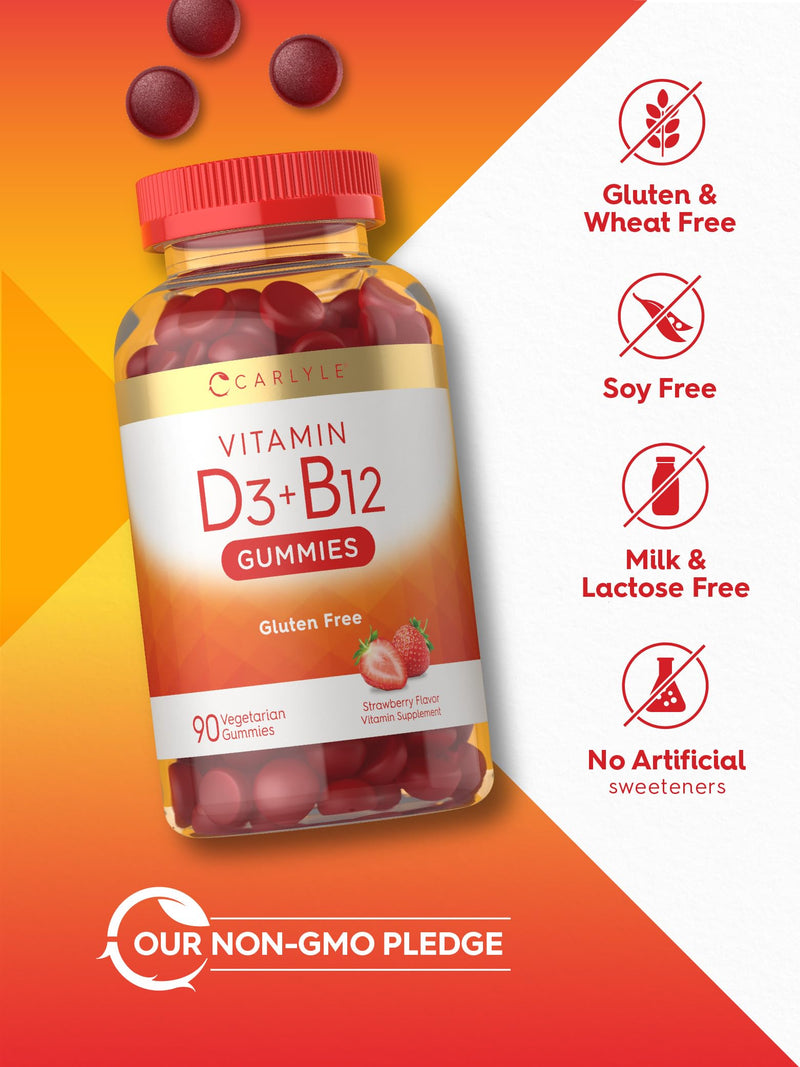 Carlyle Vitamin D3 + B12 Complex Gummies | 90 Count | Vegetarian, Non-GMO, and Gluten Free Formula | Strawberry Flavor Supplement | Vegetarian, Non-GMO, and Gluten Free Formula | Strawberry Flavor Supplement