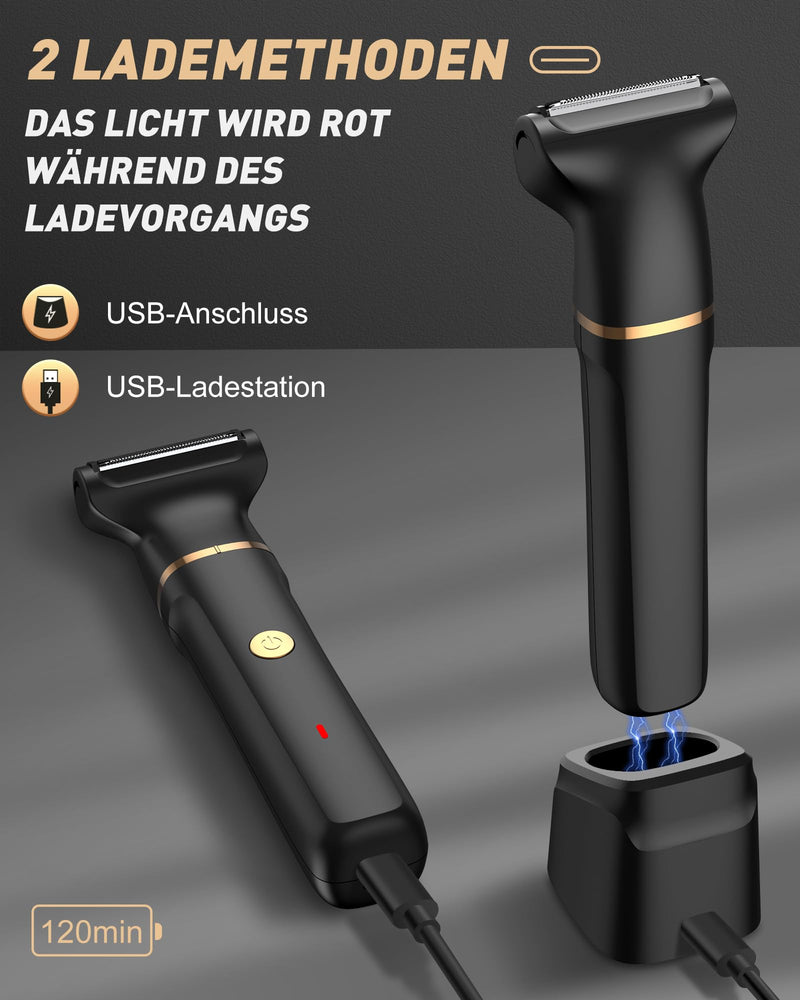 [Australia] - Men's intimate razor, 3-in-1 men's electric razor/nose hair trimmer, IPX7 wet-dry razor, 120 min. running time, men's razor intimate area for armpit, legs, chest, groin, nose, USB-C charging station 