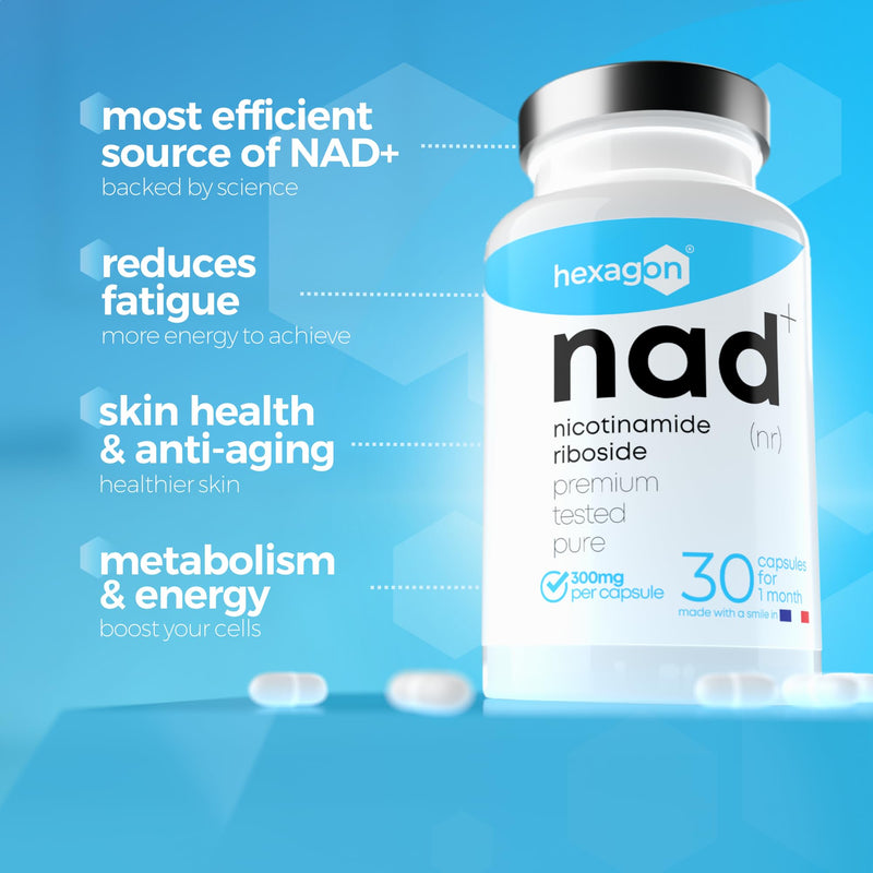 NAD+ Nicotinamide Riboside Chloride 300mg - 1-Month Supply - NAD Booster - Third-Party Tested - Made in France - Pure & Premium - 30 Vegan Capsules - NAD Supplements - Hexagon 30 count (Pack of 1)