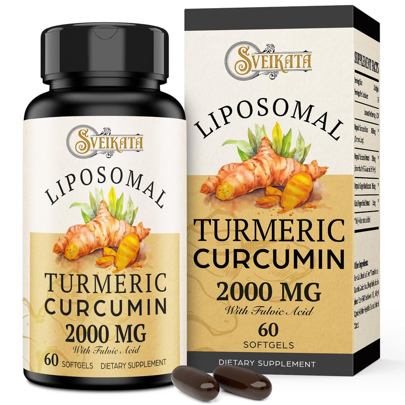 [Australia] - Liposomal Turmeric Curcumin Supplement 2000mg, 95% Standardized Curcuminoid Extract & Organic Root Powder with Piperine Black Pepper Fruit (15mg), 60 softgels, Non-GMO 60 Count (Pack of 1) 