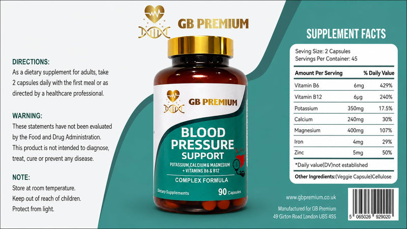 Blood Pressure Support Supplement, with Potassium, Calcium, Magnesium, Vitamins B6 & B12, 90 Capsules