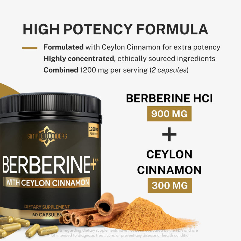[Australia] - Berberine 1200mg HCL Plus Ceylon Cinnamon Capsules - Metabolic & Immune Support Berberine Supplement, AMPK Metabolic Activator Complex, Cardiovascular Support - Berberine HCL 1200 mg Capsules 60 Capsules (1 Pack) 