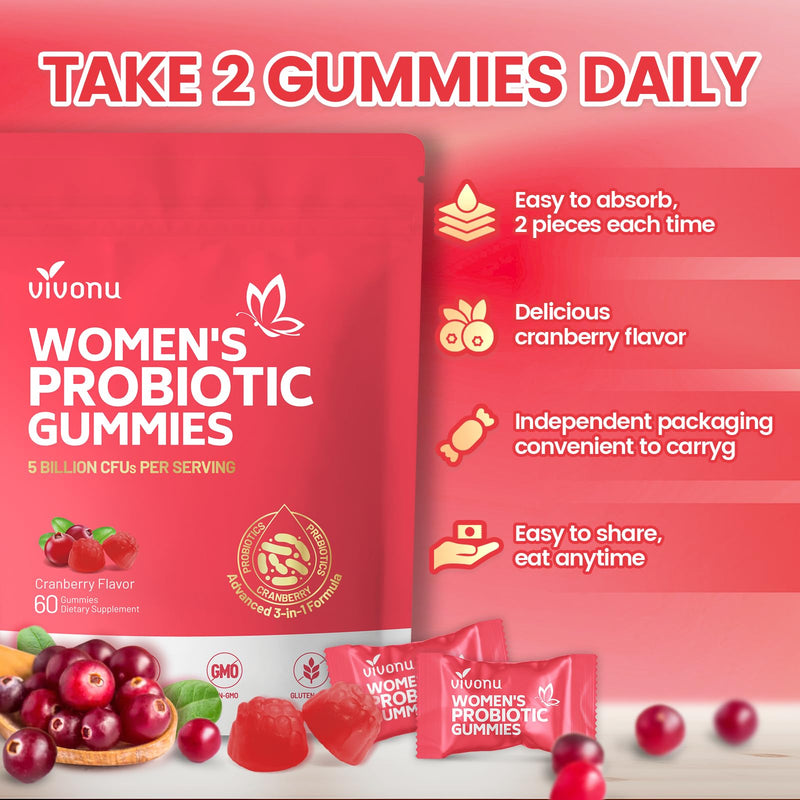 VivoNu Viginal Probiotic for Women, Women Probiotic Gummies, 60 Gummies | Feminine Balance Gummies, Cranberry Probiotics for Woman Vaginigal Health, Yeast Ph Balance 120P/2Bags