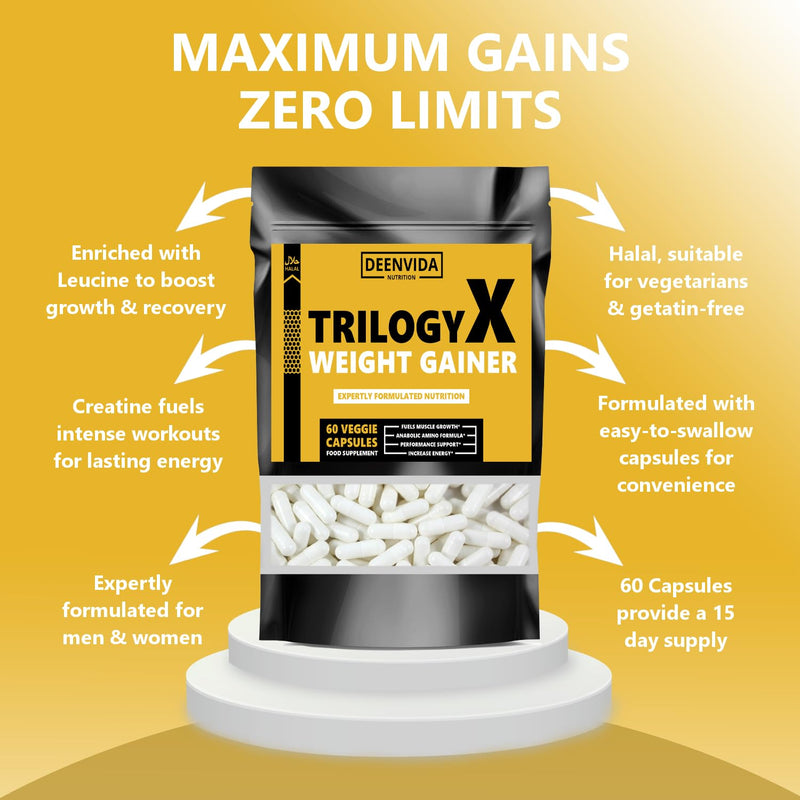 TilogyX Weight Gain Supplement, Anabolic Mass Gainer for Men & Women, Muscle & Energy Support, Halal & Suitable for Vegetarians, 60 Capsules, DeenVida Nutrition