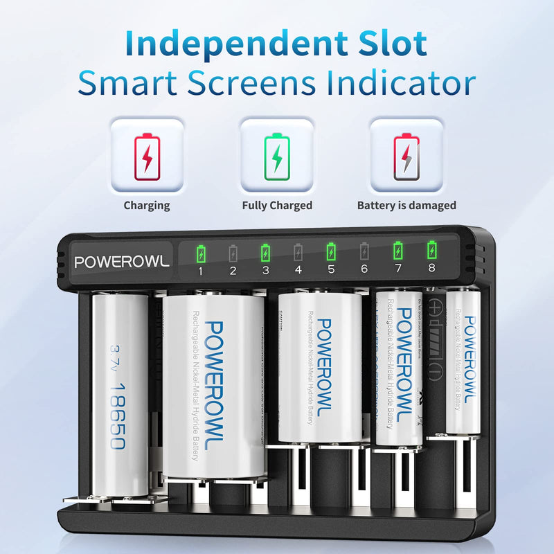 [Australia] - POWEROWL 8 Bay AA AAA C D Battery Charger, USB High-Speed Charging, Independent Slot, for Ni-MH Ni-CD Rechargeable Batteries… 