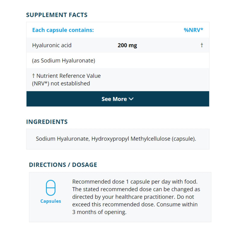 Hyaluronic Acid 200 mg – 60 Vegan Capsules | Skin Hydration, Joint Mobility & Eye Support | Additive‑Free | UK Made | Metabolics