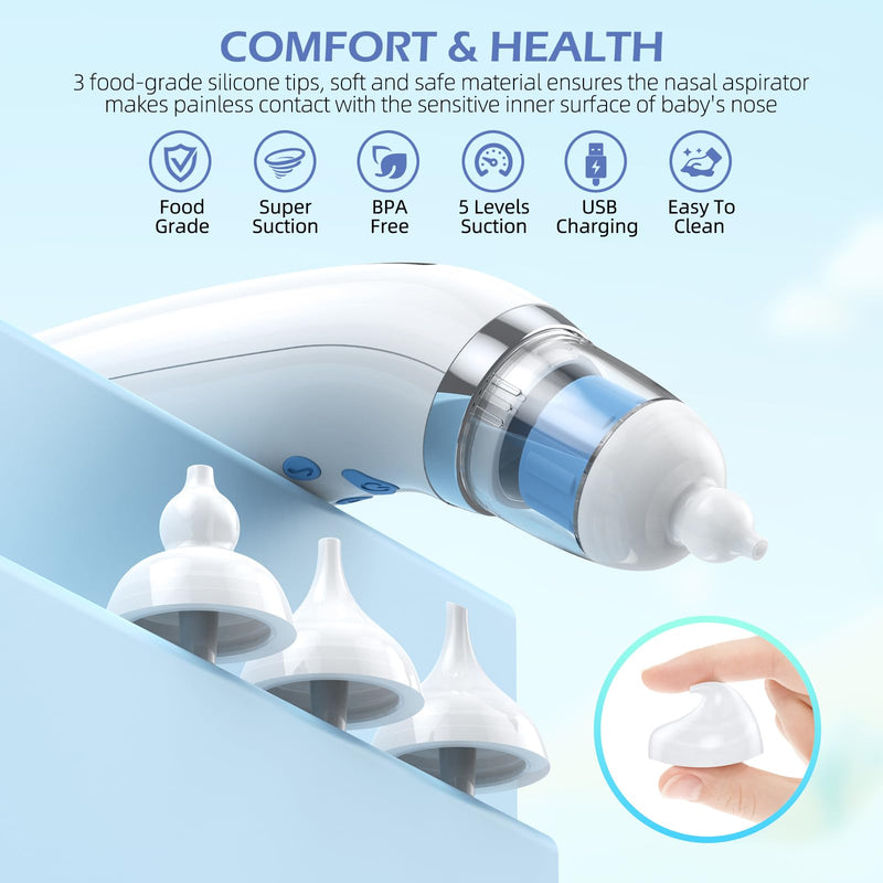 [Australia] - Nasal Aspirator for Baby with Light and Music, Electric Babies Nose Sucker with 3 Soft Silicone Tips, 5 Levels Suction Adjustment Nose Cleaner for Kids Girl Boy Adult Pets 