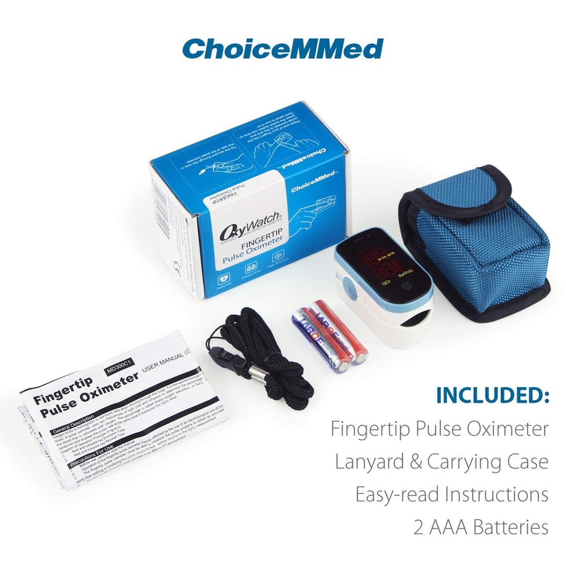 CHOICEMMED Finger Pulse Oximeter - Blue Blood Oxygen Monitor with Batteries - Portable O2 Saturation Sensor in Carry Pouch