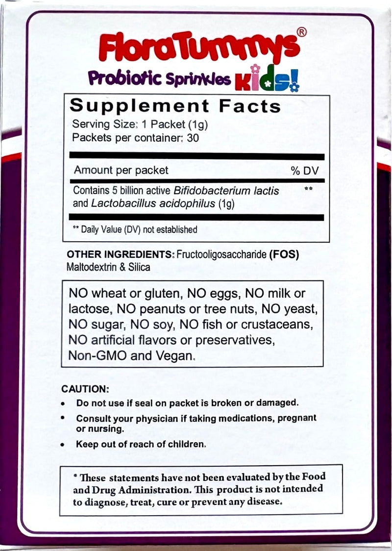 FloraTummys Probiotics for Kids: 30 Taste-Free Powder Packets, Free of Food Allergens, Non-Dairy, Gluten Free, Sugar Free, Non-GMO, Vegan 1