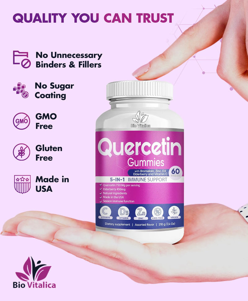 [Australia] - Quercetin Gummies by BioVitalica - Quercetin with Bromelain Vitamin C and Zinc & Elderberry + Vitamin D3-5 in 1 Immune Support - Zinc Quercetin 750 mg for Kids and Adults (1) 60 Count (Pack of 1) 