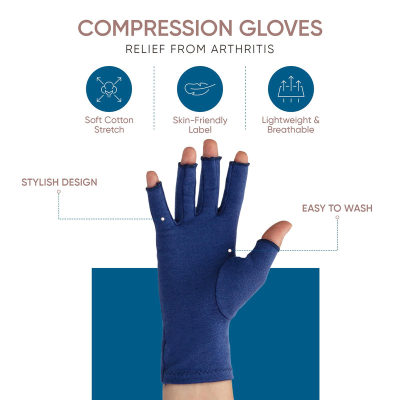 GRACE & ABLE Compression Gloves for Arthritis - Open Finger, Cotton-Blend, Lightweight, Breathable Hand Support Large Marine Blue