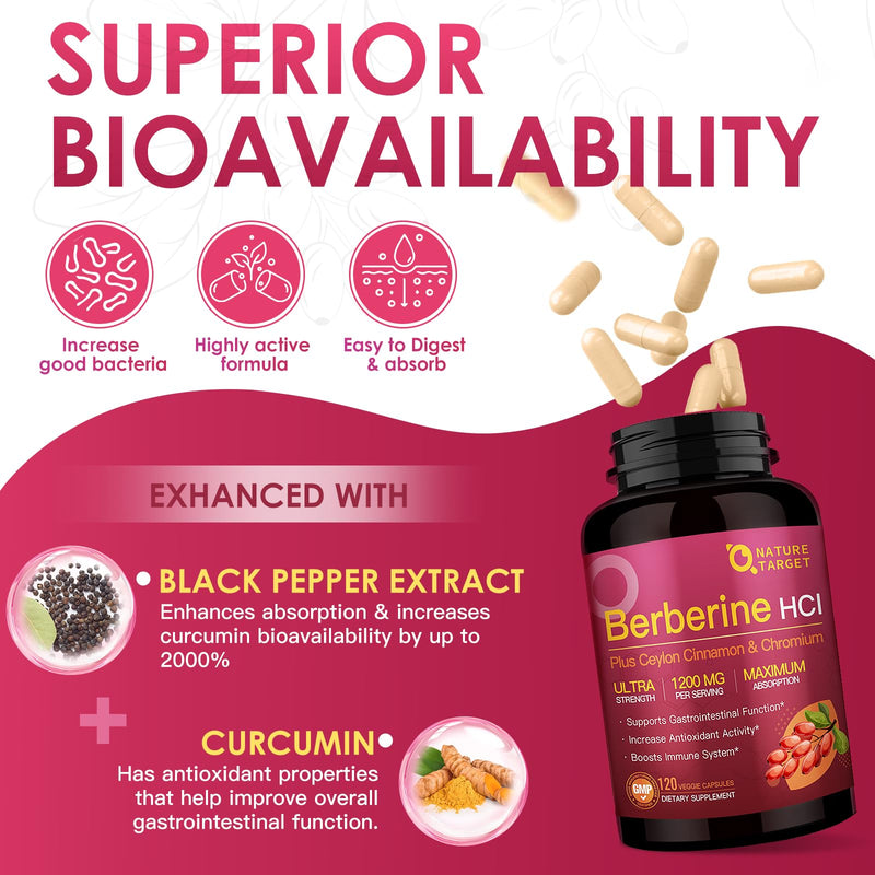 [Australia] - NATURE TARGET Berberine HCl 1200mg, Berberine Supplement with Ceylon Cinnamon, Chromium - Supports Immune, Gastrointestinal & Heart Health, Non-GMO, 120 Capsules 120 Count (Pack of 1) 