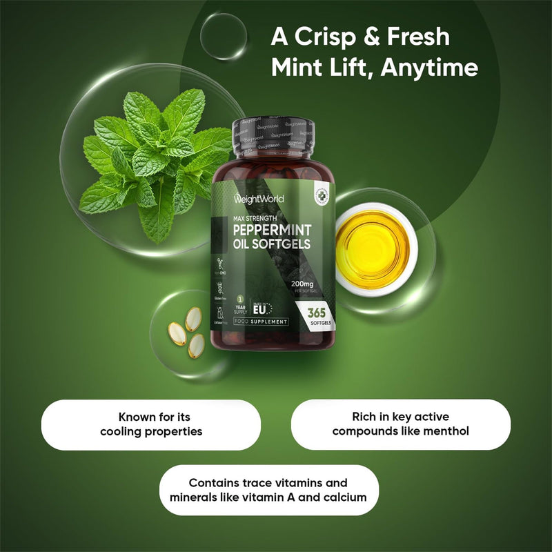 Peppermint Oil Capsules 200mg - 1 Year Supply - 365 Softgels - 1 Per Day - Easy to Consume - Peppermint Oil Softgels - Lactose-Free & Gluten-Free Supplement - Non-GMO & GMP-Approved