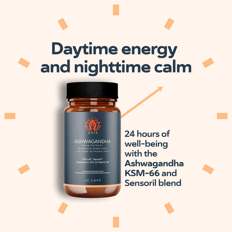 Ashwagandha KSM 66 + Sensoril (15-20% Withanolides) Cortisol Reducing Supplements for Deep Sleep, Energy, Concentration and Stress Relief. 2 Month Supply Ashwagandha High Strength KSM 66 Capsules Ashwa QSTA