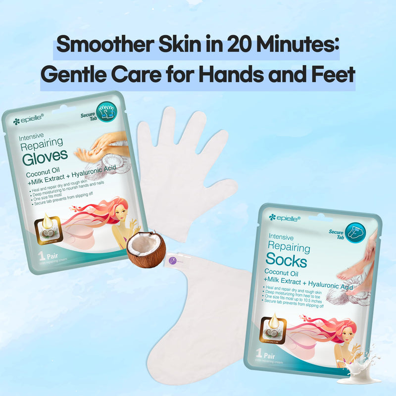 [Australia] - Epielle Intensive Repairing Hand & Foot Masks (6 Gloves & 6 Socks), Repair and Moisturize Dry Hands & Cracked Heels with Coconut Oil & Milk Extract, Korean Skin Care, Spa Self Care Gifts for Women Glove & Socks-12pk 
