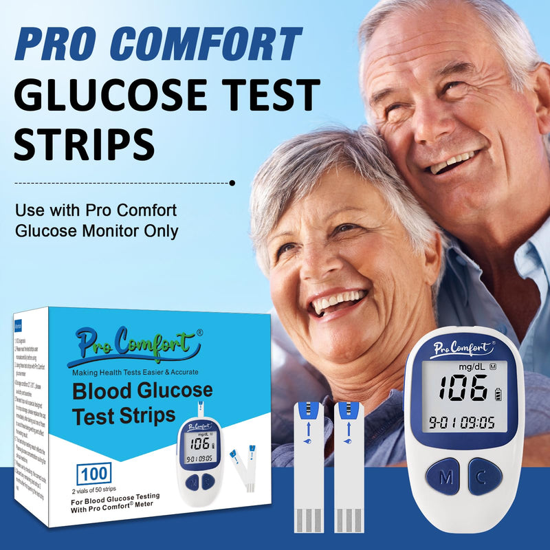 [Australia] - Blood Glucose Test Strips for Diabetes 100 Count Blood Sugar Test Strip, Used with Pro Comfort Glucose Monitor Only, No Coding 
