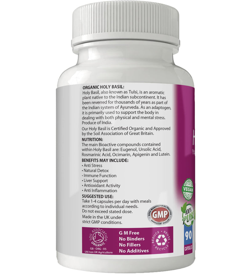 Organic Holy Basil for Mental Balance & Energy | 500mg Capsules x 90 | 100% Pure Soil Association Certified | Gluten Free | GM Free | Vegan