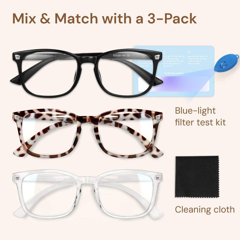 [Australia] - Gaoye Stylish Blue Light Glasses for Woman - Computer Glasses up to 99% Blue Light Blocking - Lightweight Frames - 3 pack A1 Matte Black+leopard+transparent Clear 