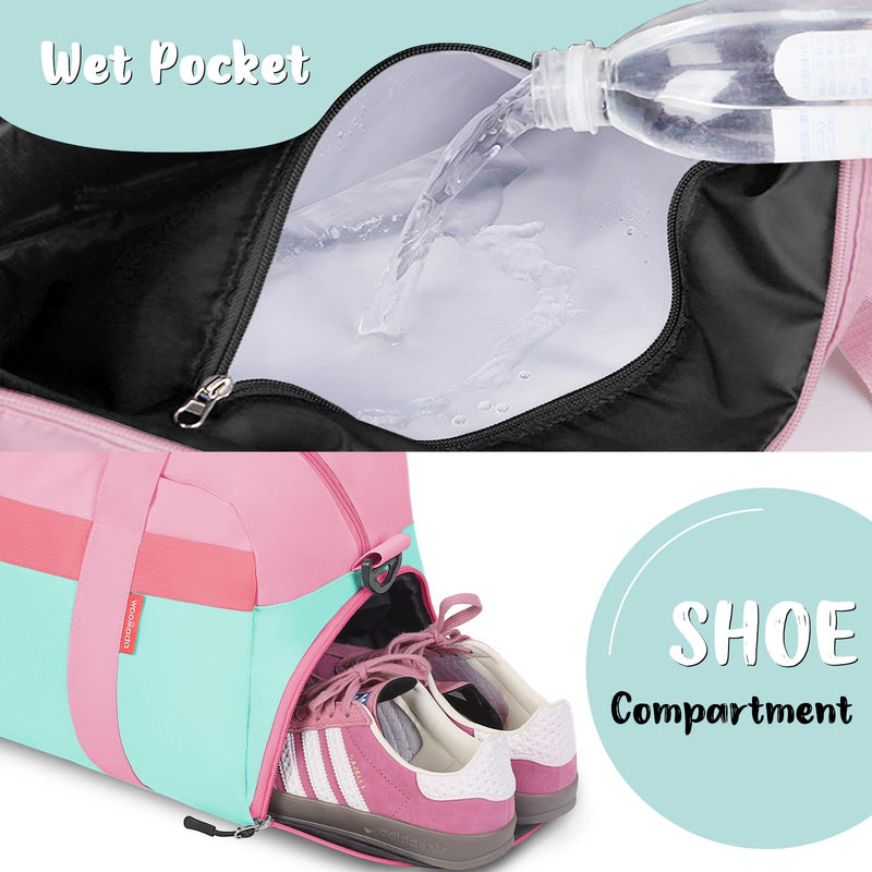 WOOMADA Travel Duffle Bag, Weekend Bag with Wet Pocket & Trolley Sleeve, Overnight Bag With Shoe Compartment, Fit for Sports Practice, Travel and Gifts(pink green) pink green