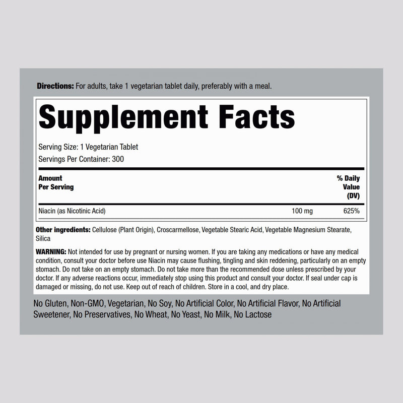 Piping Rock Niacin 100mg | 300 Tablets | Nicotinic Acid with Flushing | Vitamin B3 Supplement for Men and Women | Vegetarian, Non-GMO, Gluten Free