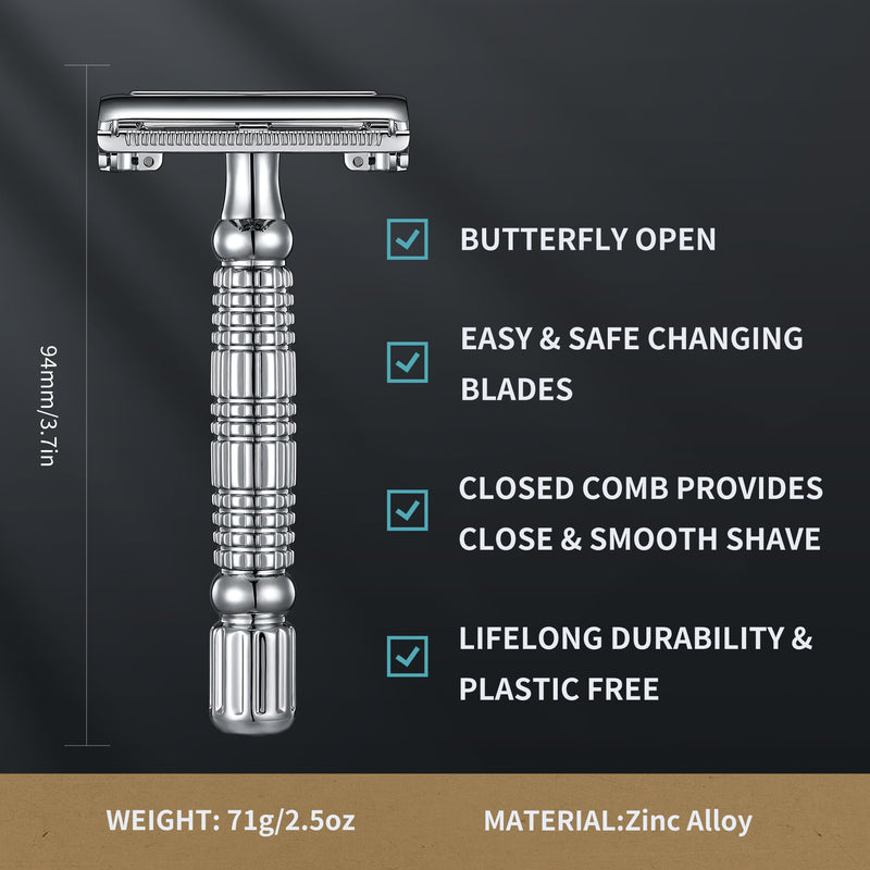 Gearhub Butterfly Double Edge Safety Razor Reusable Stainless Metal Wet Shaving Razor with 10 Swedish Platinum Blades for Men Women Barber Bikini Armpit Hair GR179 Butterfly Razor (Silver)