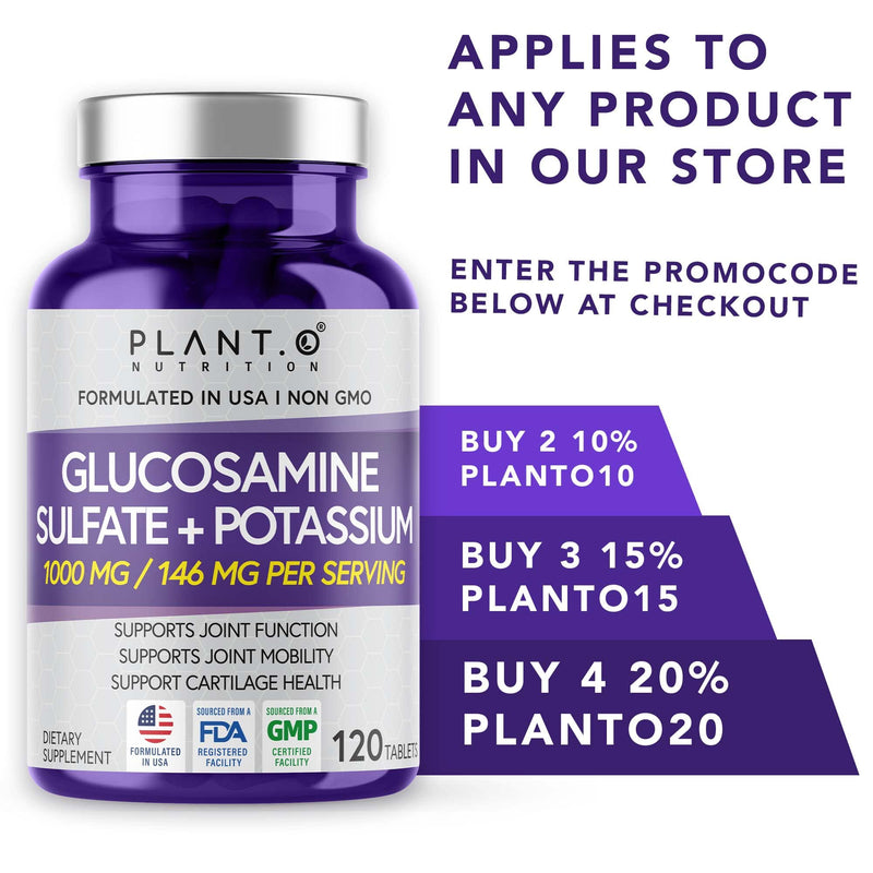PLANT.O NUTRITION Glucosamine Sulfate with Potassium | Strong Joint Support Supplement | Supports Cartilage and Connective Tissues | Aids Knee and Bone Structure | 120 Tablets 120 Count (Pack of 1)