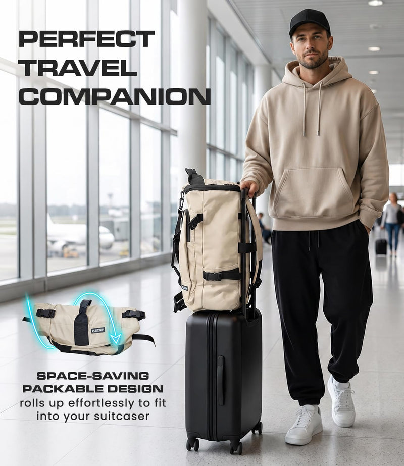 Plexon 3 in 1 Duffle Backpack for Travel Gym Sports Workout, 21" Water-resistant Carry On Duffel Bag, Lightweight Tear-Resistant Weekender for Men Women White