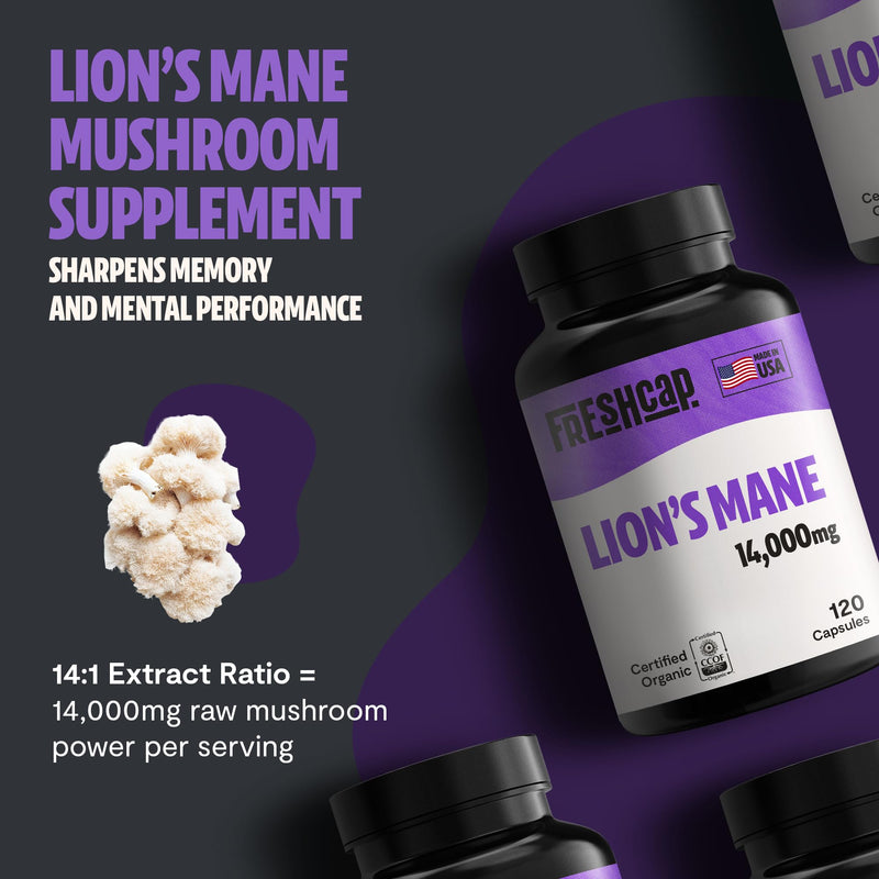 [Australia] - FreshCap Mushrooms Lions Mane Supplement Capsules 14,000mg - Lion's Mane, High Potency Extract, 14:1 Organic Mushroom Supplement, Ayurveda Focus Made in USA (120 Capsules) 120 Count 