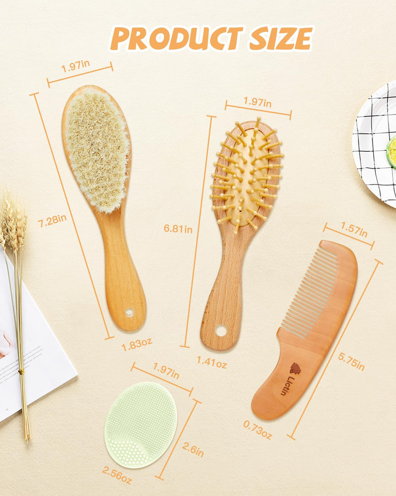 [Australia] - Lictin Baby Hair Brush and Comb Set, 4 Pcs Newborn Hair Brush with Soft Bristle, Natural Goat Hair and Wood Baby Cradle Cap Comb for Newborns & Toddlers, Newborn Baby Essentials, Perfect Registry Gift 