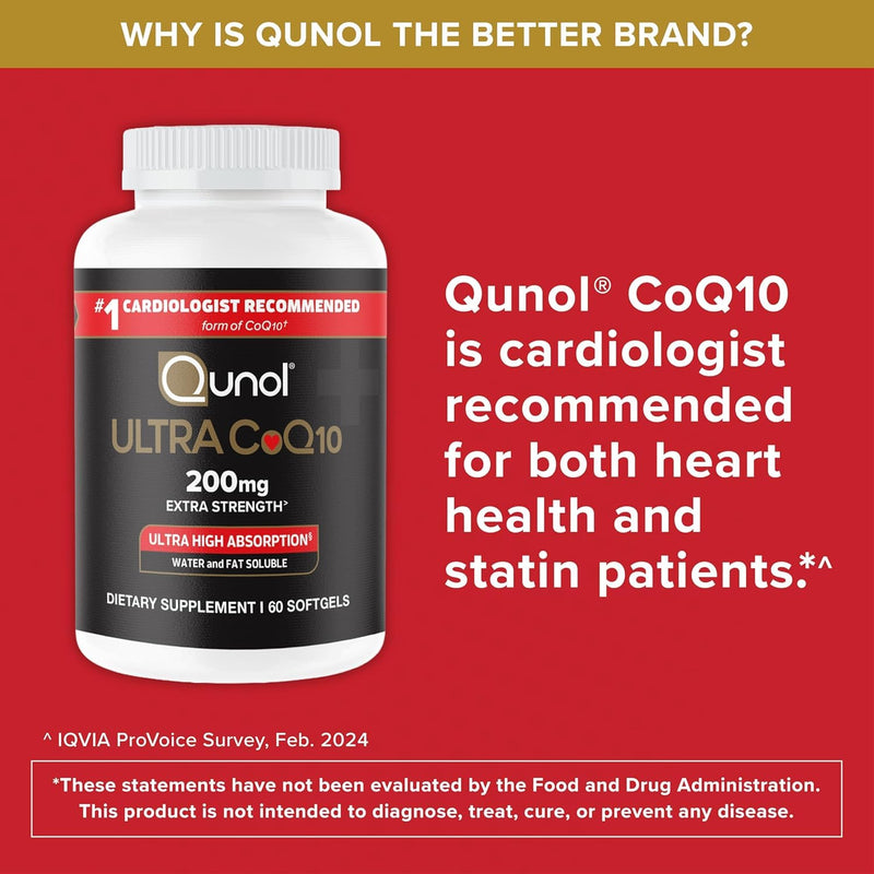 Qunol Ultra CoQ10 200mg, Ultra-High Absorption, Antioxidant, 60 Softgels | #1 Cardiologist Recommended Supplement for Heart Health, Coenzyme Q10 Supplement to support Vascular Health & Cellular Energy Unflavored 60 Count (Pack of 1)