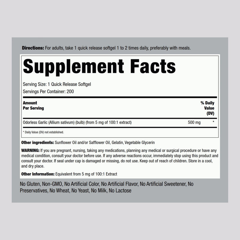 [Australia] - Piping Rock Odorless Garlic Softgels | 500mg | 200 Pills | Herbal Extract Supplement | Odor-Free, Non-GMO, Gluten Free 