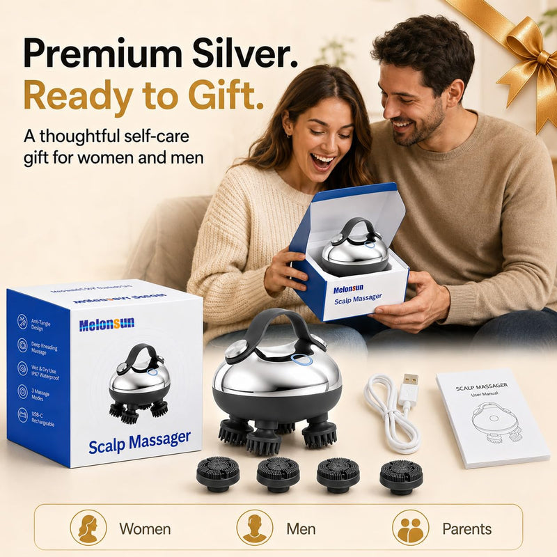 Melonsun Electric Scalp Massager, 2 Claw Sets, IPX7 Waterproof, Silver | Metallic Finish, Anti-Tangle 360° Kneading, 100 Nodes + 1,000+ Cleansing Tips, 3 Modes, USB-C Rechargeable, 15-Min Auto-Off