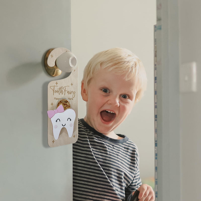 [Australia] - Tooth Fairy Door Hanger, Wooden Tooth Fairy Holder with Tooth Coins for Lost Tooth Kids Gifts - Pink 