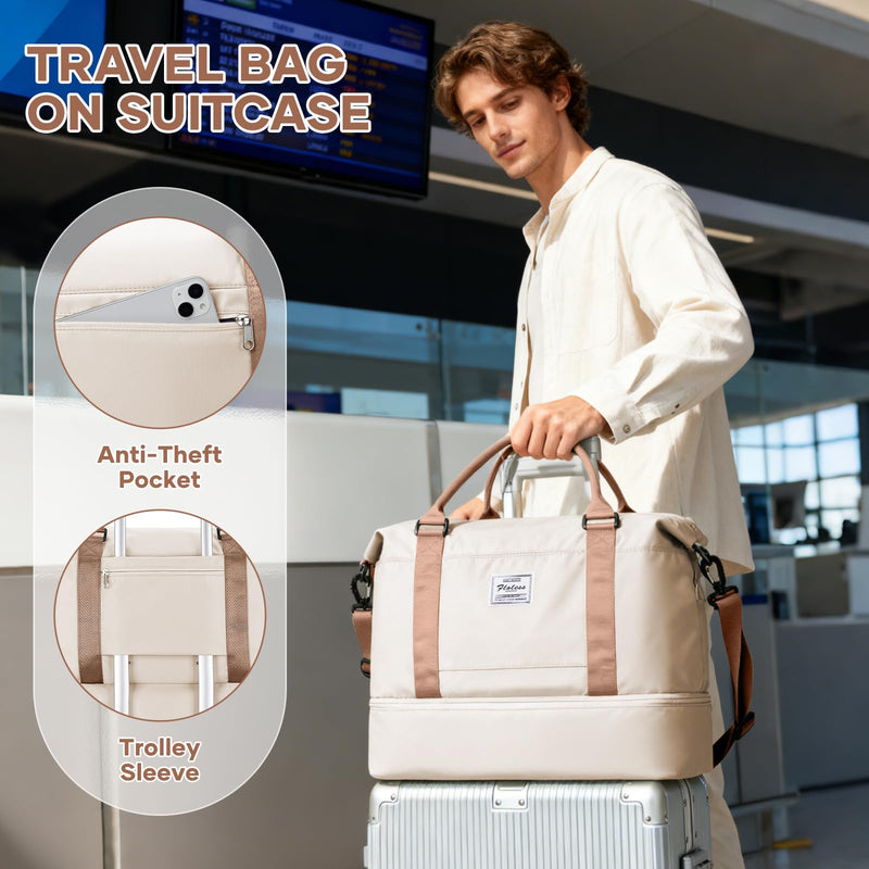 Travel Duffel Bag 18x14x8 Inches Carry On Bag for Airplanes Weekender Overnight Bag for Women with Trolley Sleeve Travel Bag Spirit with Shoes Compartment Sport Tote Gym Bag BeigeBrown