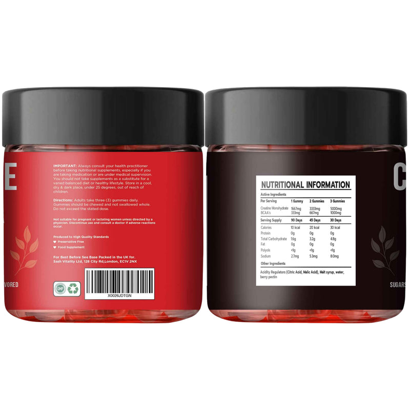 Creatine Monohydrate Gummies 5000mg with 1000mg BCAAs | 45 Days Supply | Naturally Sweetened | No Artifical Sugars | Premium Vegan Gummies | Mixed Berry Flavour | 120 Gummies 1 count (Pack of 120)