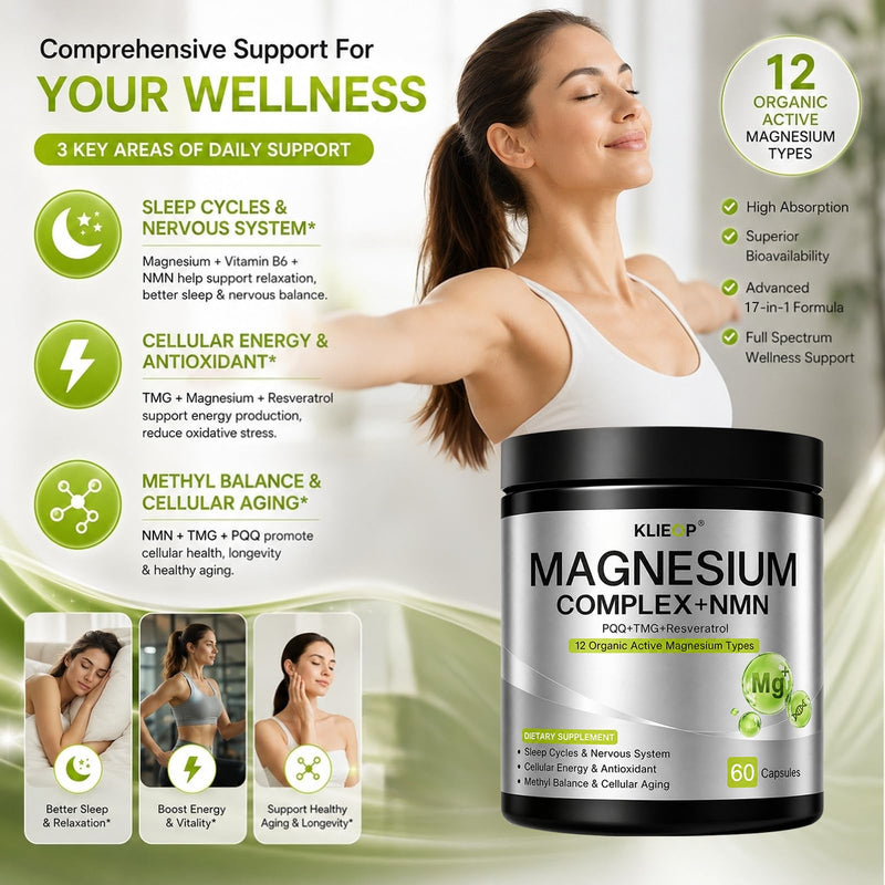Magnesium Complex Supplement for Women and Men with NMN Supplement 2-Pack | 17-in-1 TMG, Resveratrol, PQQ & Vitamin B6,Sleep & Relaxation, Nervous System, NAD+ Level & Cellular Energy Support 60 Count (Pack of 2)