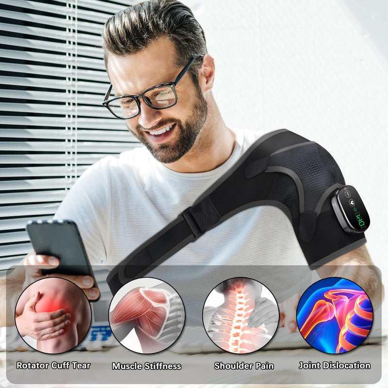 Shoulder Heating Pad with Massage, Shoulder Massager for Pain Relief | Cordless Heated Shoulder Wrap Massager, Rotator Cuff Heating Pad, Shoulder Brace for Men & Women