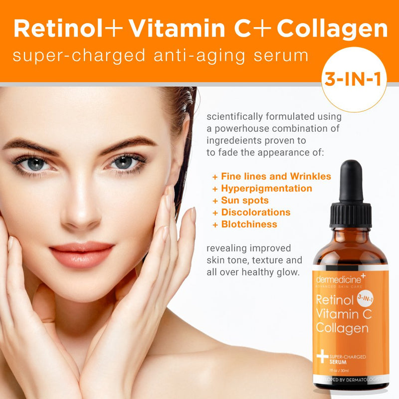 Retinol, Vitamin C and Collagen Face Serum, 1 fl oz | Formulated with glycerin and ceramide NP for a simple daily skincare routine 1 Fl Oz (Pack of 1)