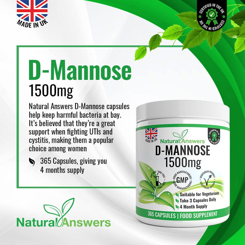 D-Mannose | 365 Capsules | Max Strength 1500mg per Serving - Precision DMannose - Vegetarian Capsules not Tablets or Pills, Made in The UK (365 Count (Pack of 1))