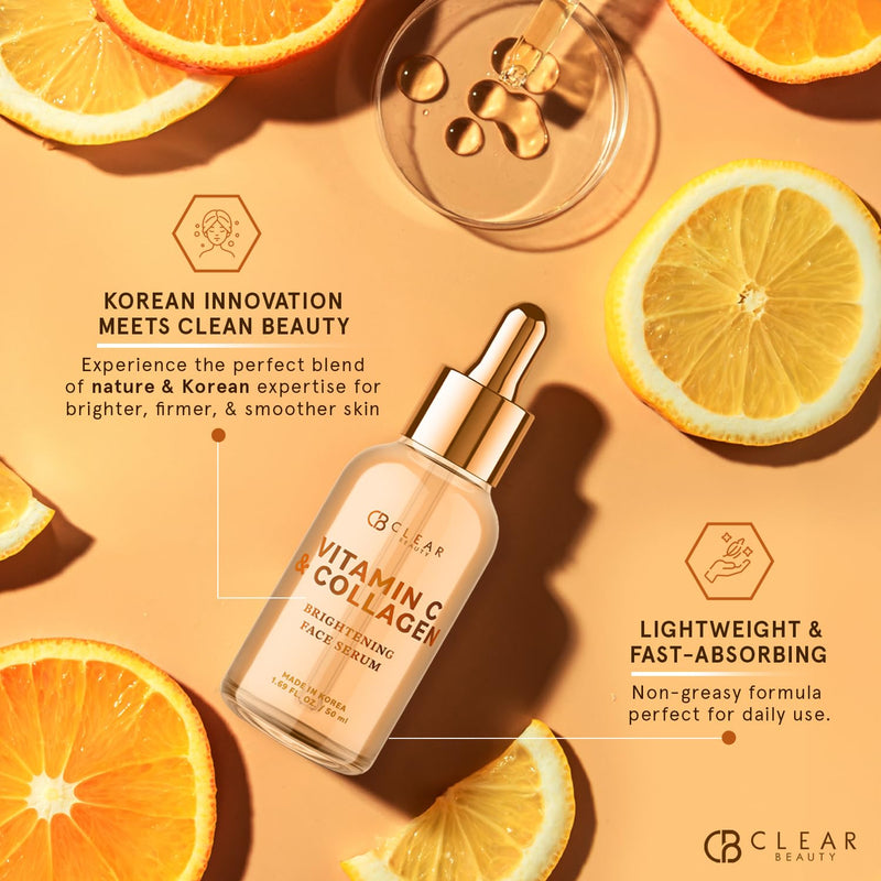 Clear Beauty Vitamin C Serum For Face with Collagen – Dermatologist Tested, Anti Aging, Korean Skin Care – Hydrates, Firms, Targets Dark Spots & Supports Skin Barrier – Vegan, Clean Beauty, 1.69 Fl Oz Vitamin C & Vegan Collagen
