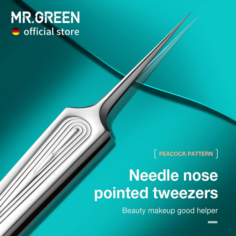 MR.GREEN Ingrown Hair Tweezers Needle Nose Pointed Tips Tweezers For Eyebrows Splinters Blackhead Removal Acne Clip Extractor (Short) Short