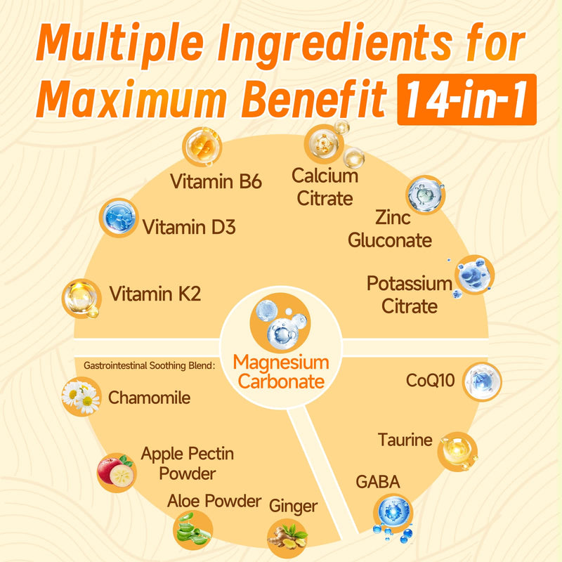 14-in-1 Magnesium Carbonate Gummies 600mg, Pineapple Flavor, 60 Gummies | Magnesium Carbonate Supplement with Chamomile, Ginger, Calcium, Vitamin B6, D3 & K2 for Digestive, Muscle & Nerve Support