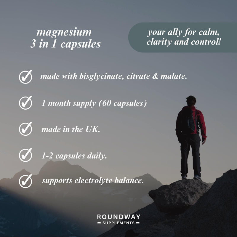 Magnesium Glycinate 3-in-1 Complex 1800mg Supplement with Magnesium Bisglycinate, Citrate & Malate | 60 Capsules, 3 Month Supply | Made in The UK by Roundway Supplements