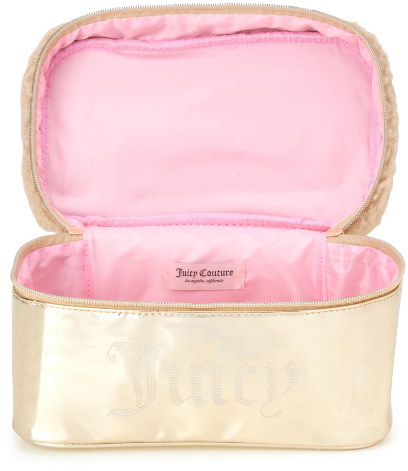 Juicy Couture Shiny Rhinestones Faux Shearling Gold Makeup Bag Cosmetics Organizer Travel Essentials Set