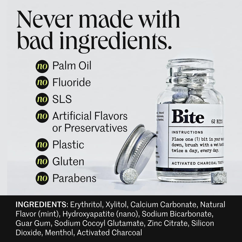 Bite Whitening Toothpaste Tablets – 2 Months – Fluoride Free, Nano Hydroxyapatite + Xylitol, Mint Charcoal – Vegan, Cruelty-Free, Made in USA, Sensitive Teeth, Travel Size, (2 Bottles, 124 Tabs)