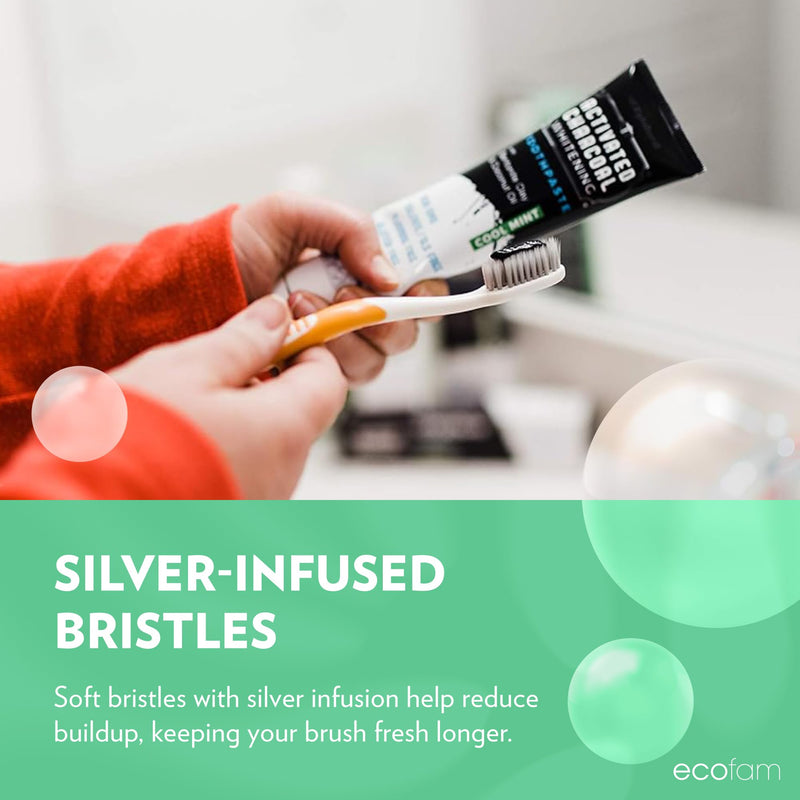 ECOFAM Compostable Toothbushes, Dual Action Flossing Bristles, Silver Infused Soft Bristle Toothbrush, Natural Toothbrushes for Adults, Multi Color, 8-Pack 8 Pack