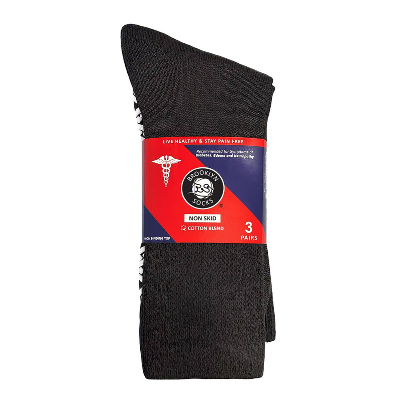 [Australia] - Non-Skid Cotton Diabetic Neuropathy Crew Socks, Non-Binding Traction Control Multipack 13-15 Black - 3 Pairs 